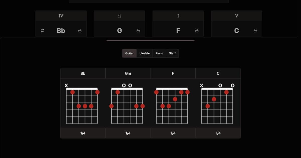 Guitar chord charts showing fingering diagrams for a chord progression
